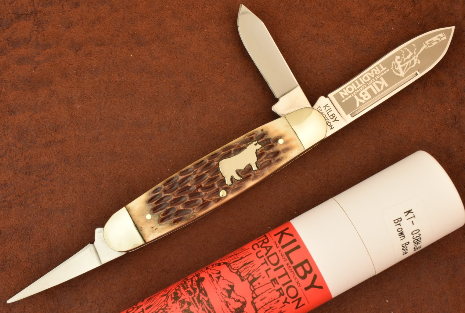 KILBY TRADITION PINE KNOT KY BROWN BONE "CATTLE OF A THOUSAND HILLS" STOCK KNIFE