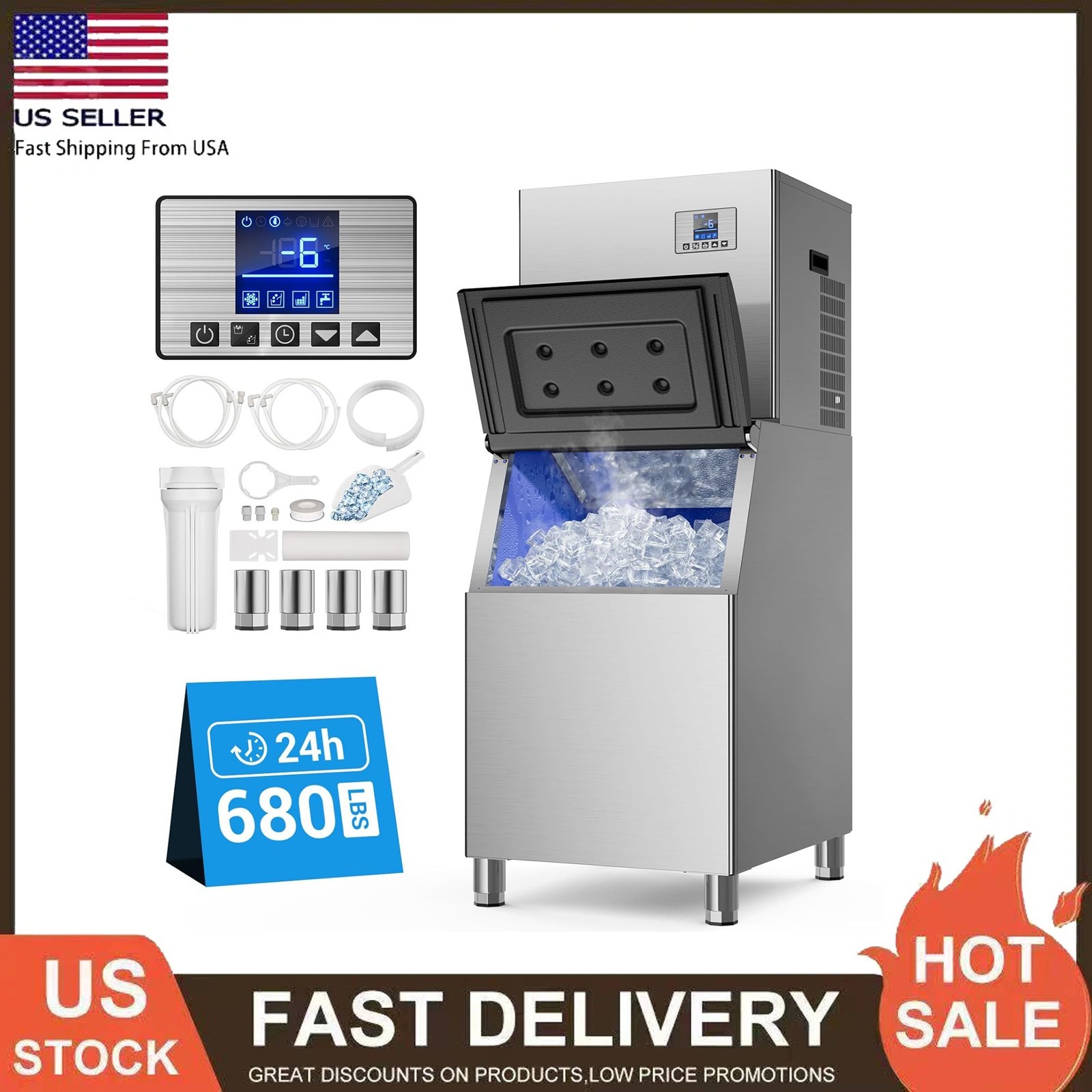 680lbs/24H Commercial Ice Maker Machine 1030W SECOP Compressor Large Storage Bin