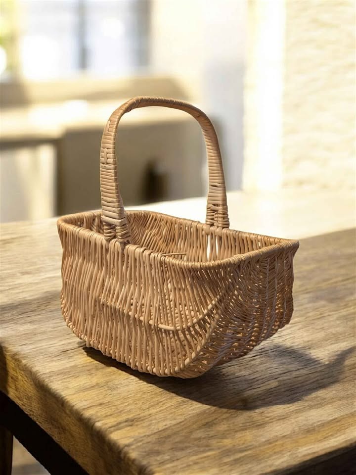 Vintage Wicker Market Basket – Handwoven Rattan Tote – Farmhouse Cottagecore Bas