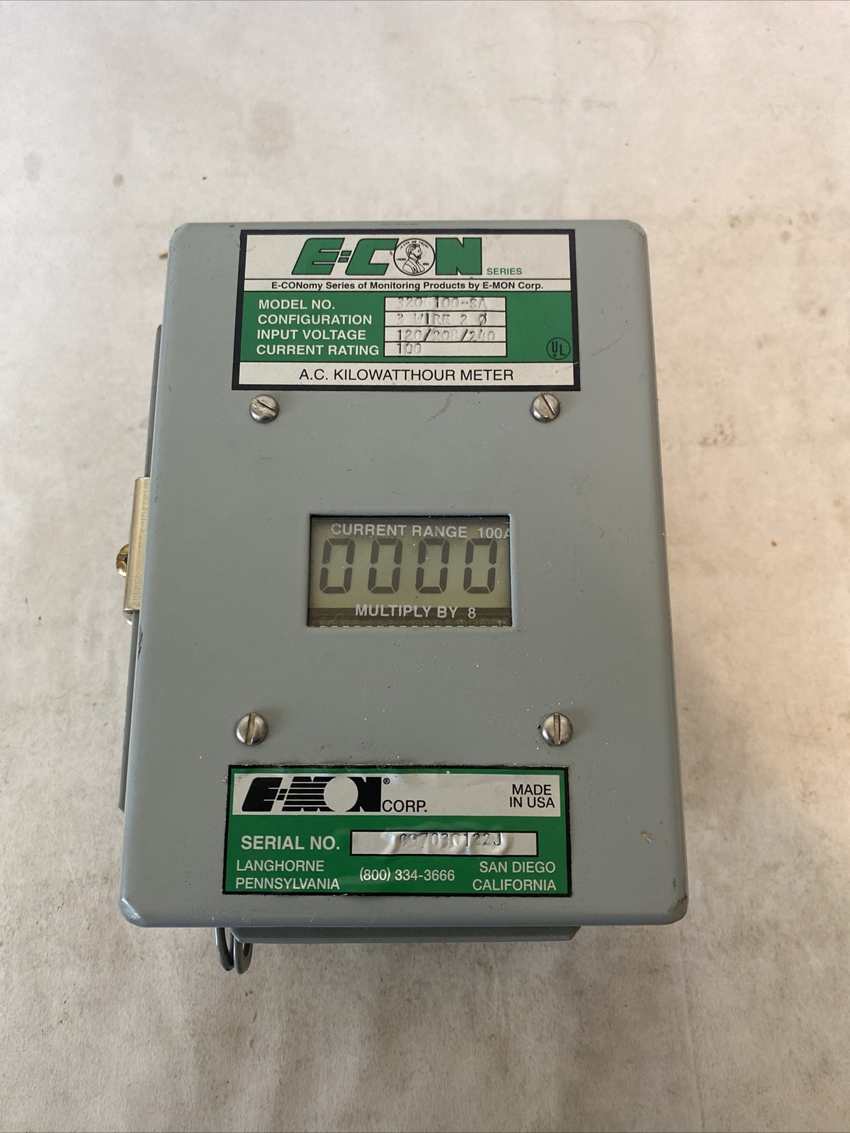 E-MON Corp. E-CON 3208100-SA A.C. Kilowatthour Meter, 100 Amp.