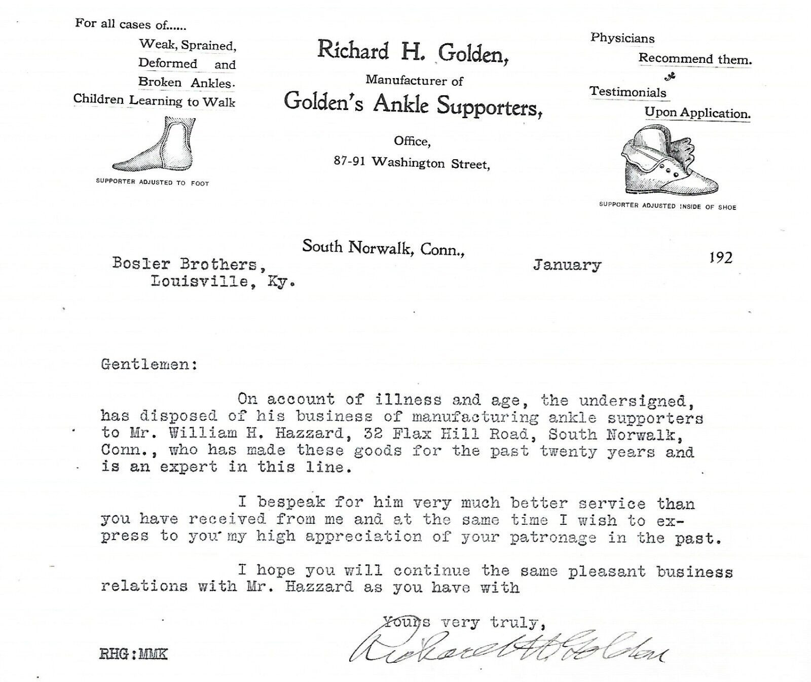 1920's GOLDEN'S ANKLE SUPPORTERS LETTERHEAD~SOUTH NORWALK, CONN~SHOE REPAIR/MFG