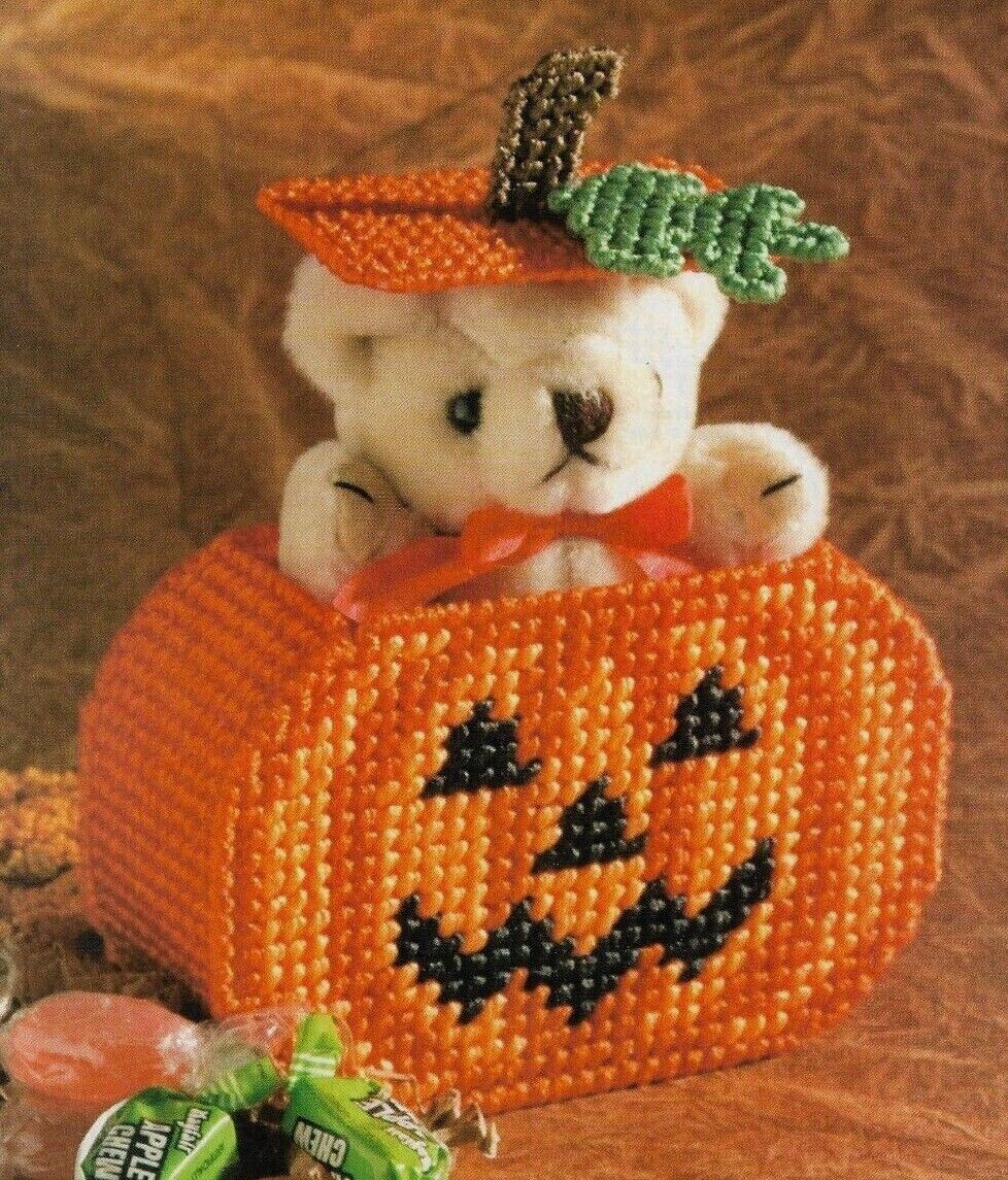 TEDDY BEAR JACK-O-LANTERN HALLOWEEN PLASTIC CANVAS PATTERN INSTRUCTIONS