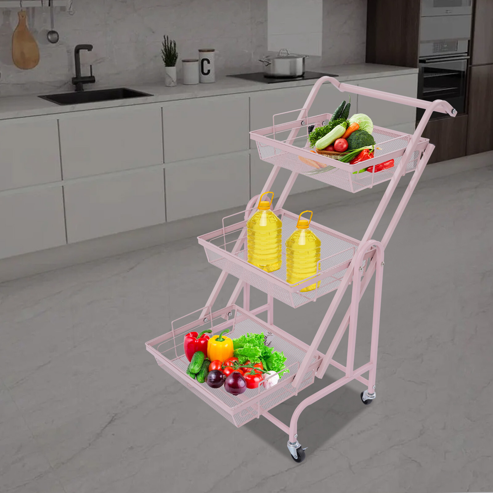 3-Tier Adjustable Metal Rolling Utility Cart, Movable Storage Cart for Kitchen