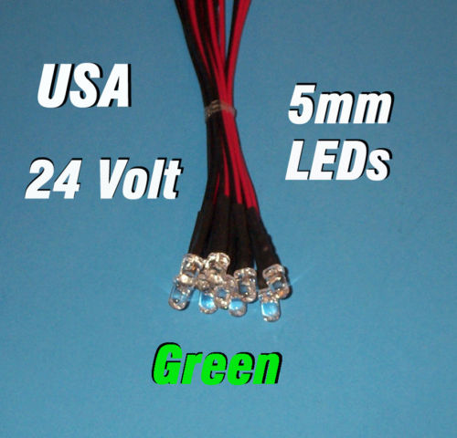 10 x LED - 5mm PRE WIRED LEDS 24 VOLT GREEN 24V DC USA