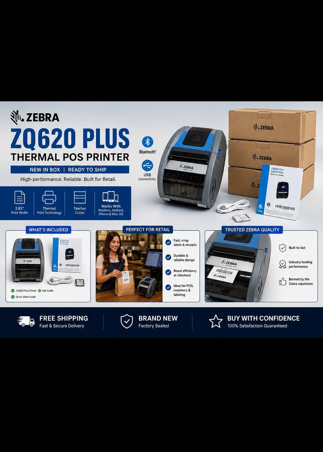 Zebra ZQ620 Plus Thermal POS Printer Bluetooth USB With Battery Brand New