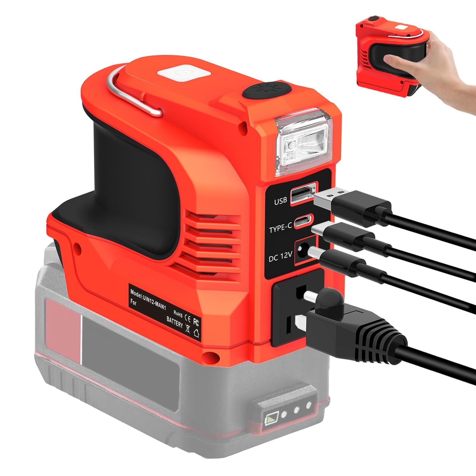 Power Inverter 220W for Bauer 20V Battery with USB Type-C AC Outlet LED Light