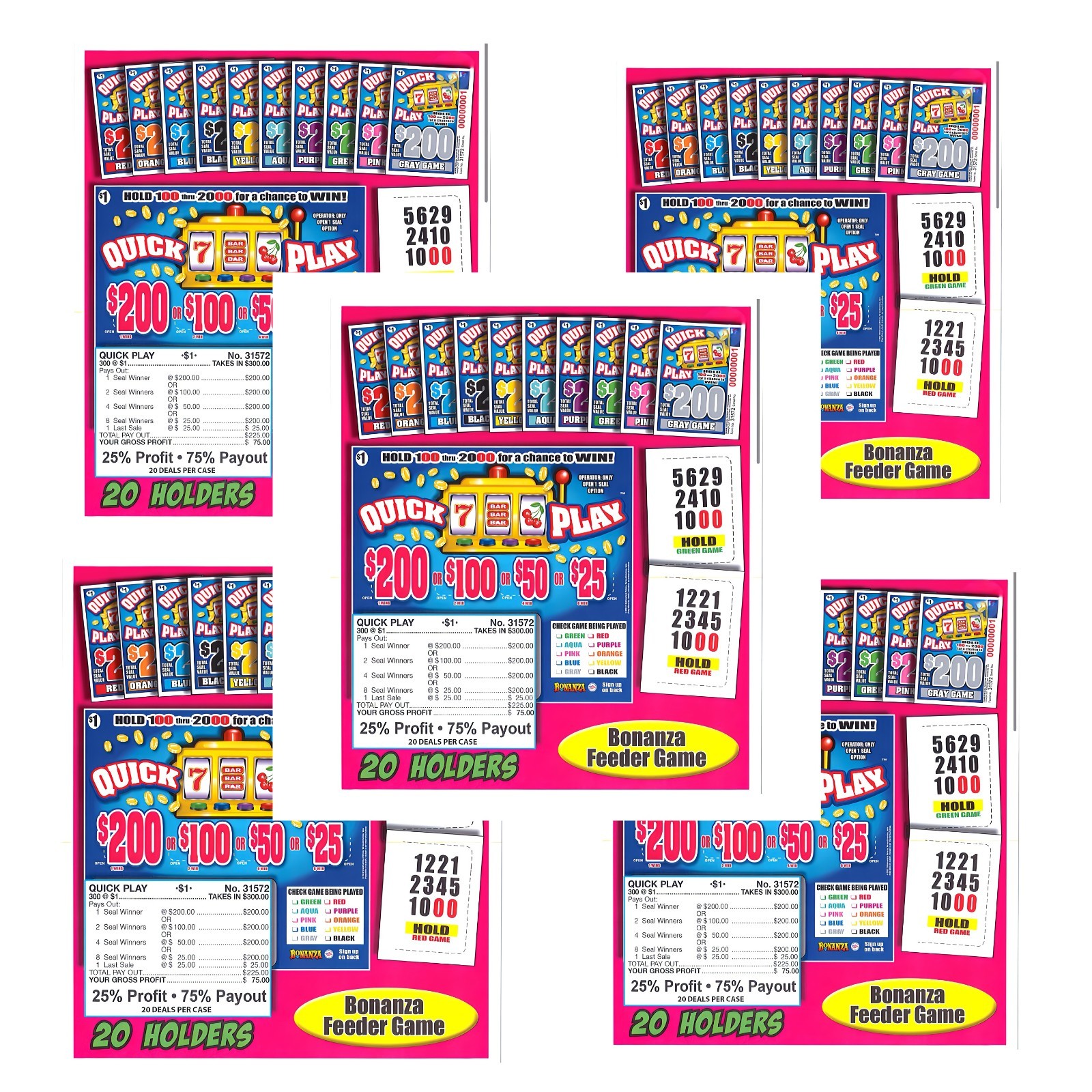 Pull Tab Tickets - Hard Card - Game - 5 Pack - Quick Play - 300 ct ea