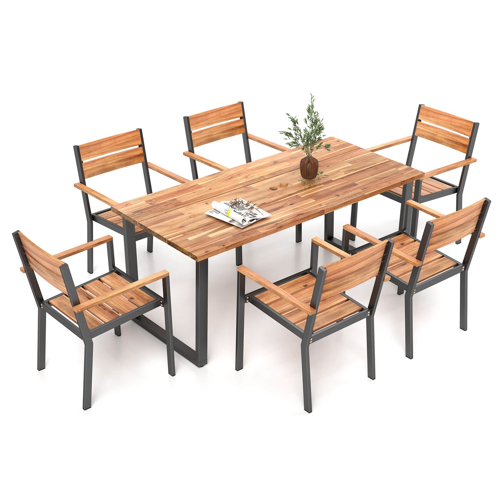 7 PCS Acacia Wood Patio Dining Set 6 Armchairs and 69” Table w/2” Umbrella Hole