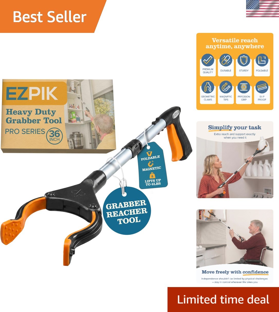 Pro 36" Flexible Folding Grabber Tool for Elderly + Magnets, Reacher for Disa...
