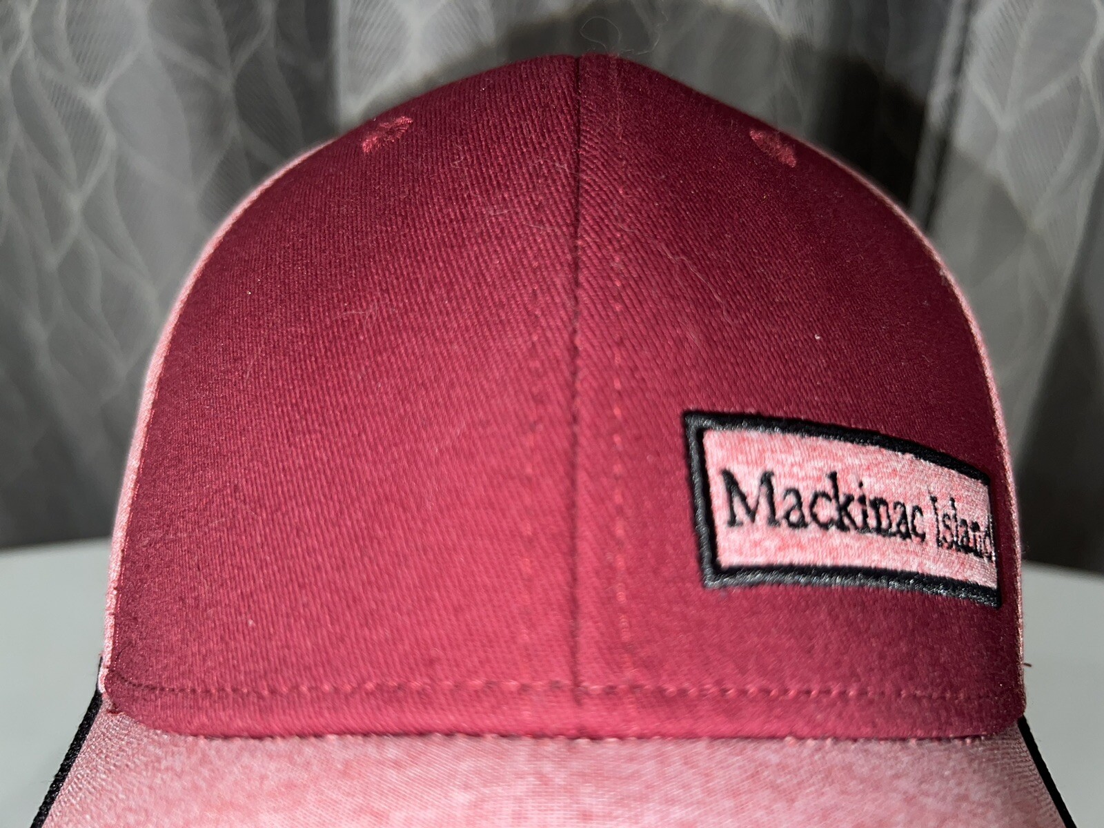 Mackinac Island Knit cap heather pink with Maroon front Hat Cap Hook Loop EUC