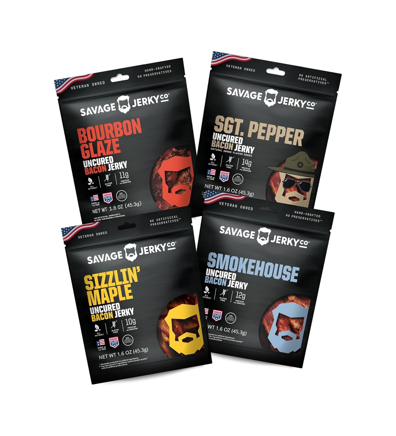 SAVAGE Bacon Jerky Variety - Sizzlin Maple, Bourbon Glaze, Smokehouse, Sgt. Pepp