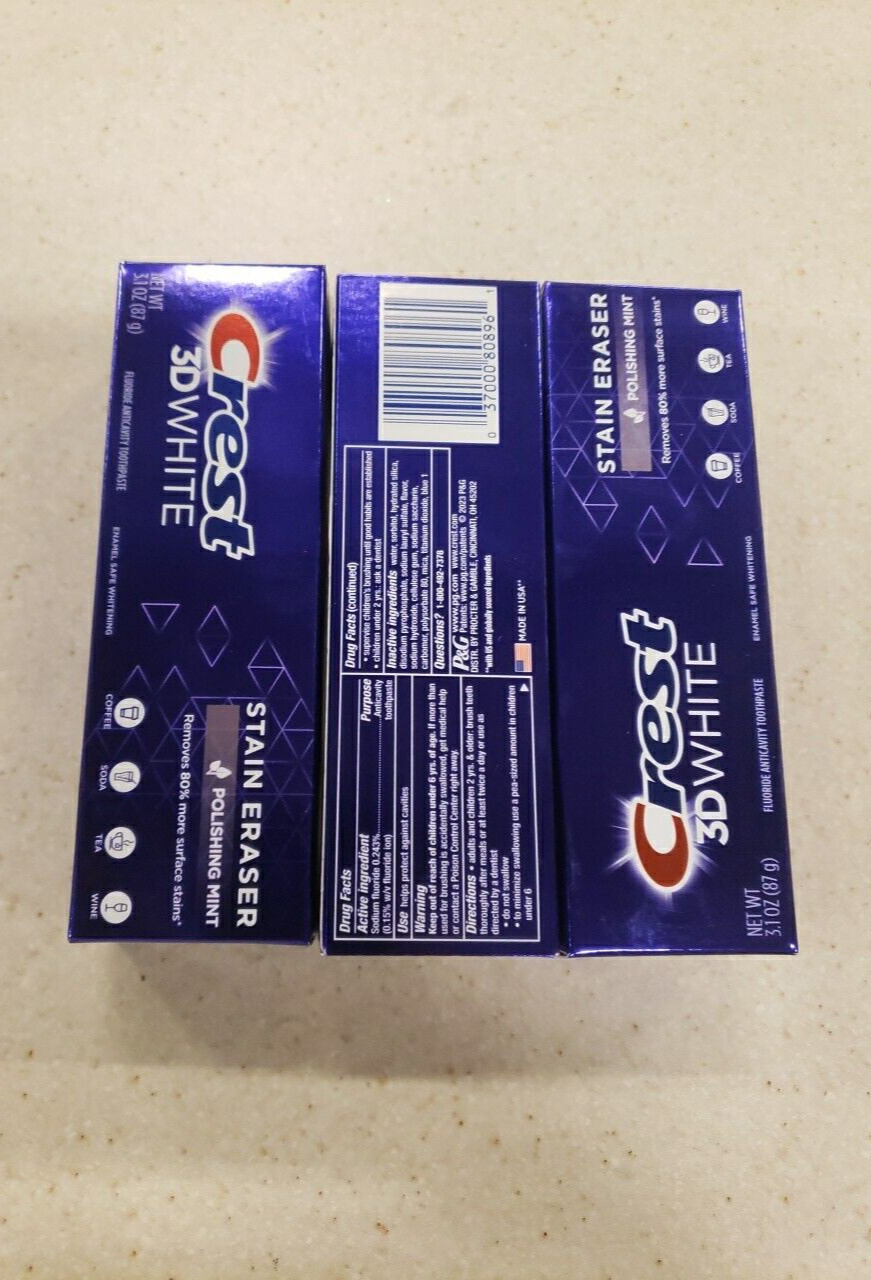 (3) Crest 3D White Stain Eraser Polishing Mint Toothpaste 3.1oz Enamel Safe