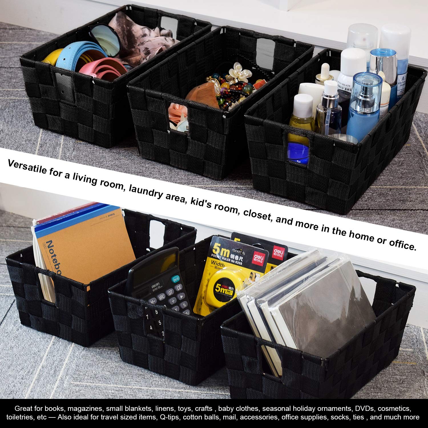 Woven Black Storage Baskets Shelf Tote Boxes 3 Pack, Strap