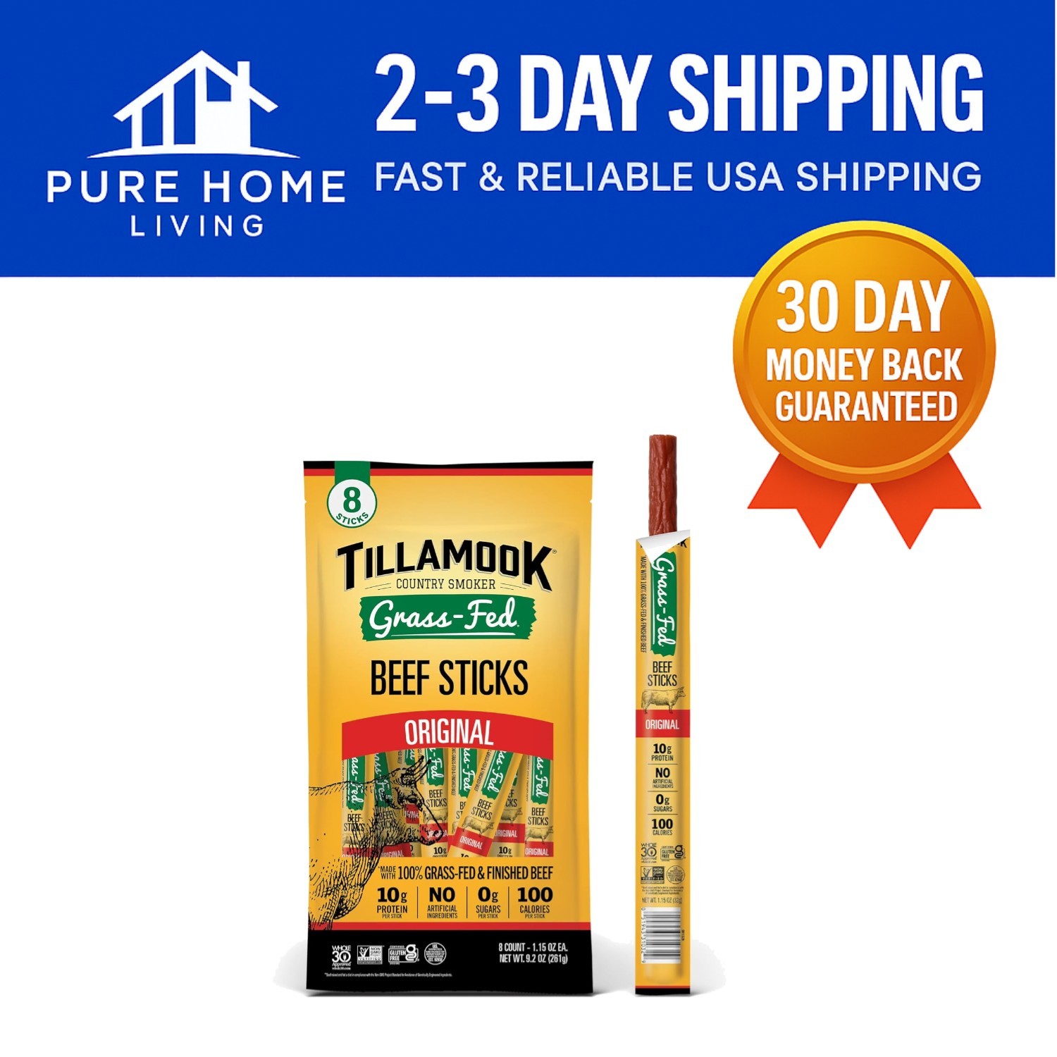 Keto-Friendly Grass Fed Beef Sticks, 0 Sugar, 10g Protein per Stick - 8-Pack