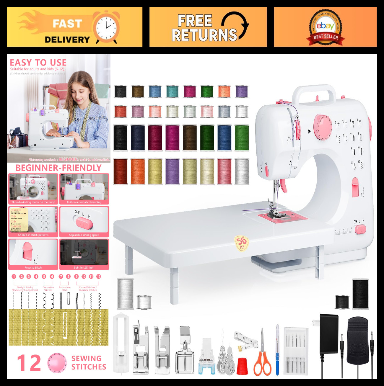Compact Sewing Machine for Beginners - 12 Stitches, LED Light, Extension Table,