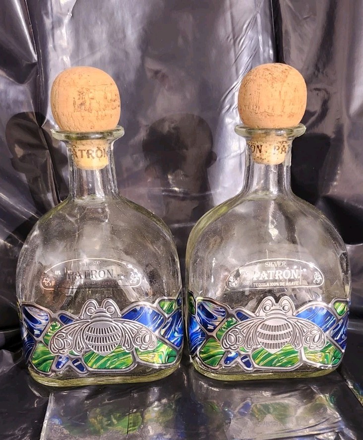 2 Patron Silver Bee 1492 Tequila - Limited Edition - Empty Liter Bottles & Corks