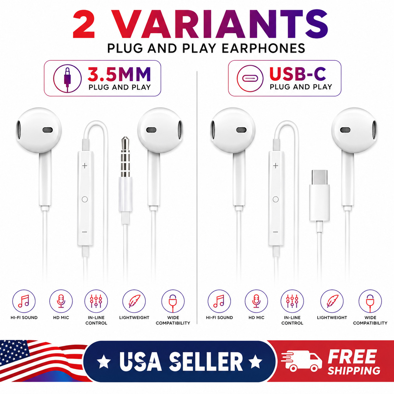 USB-C type C Headphones Earphones Compatible iPhone iPad USB-C Plug USA