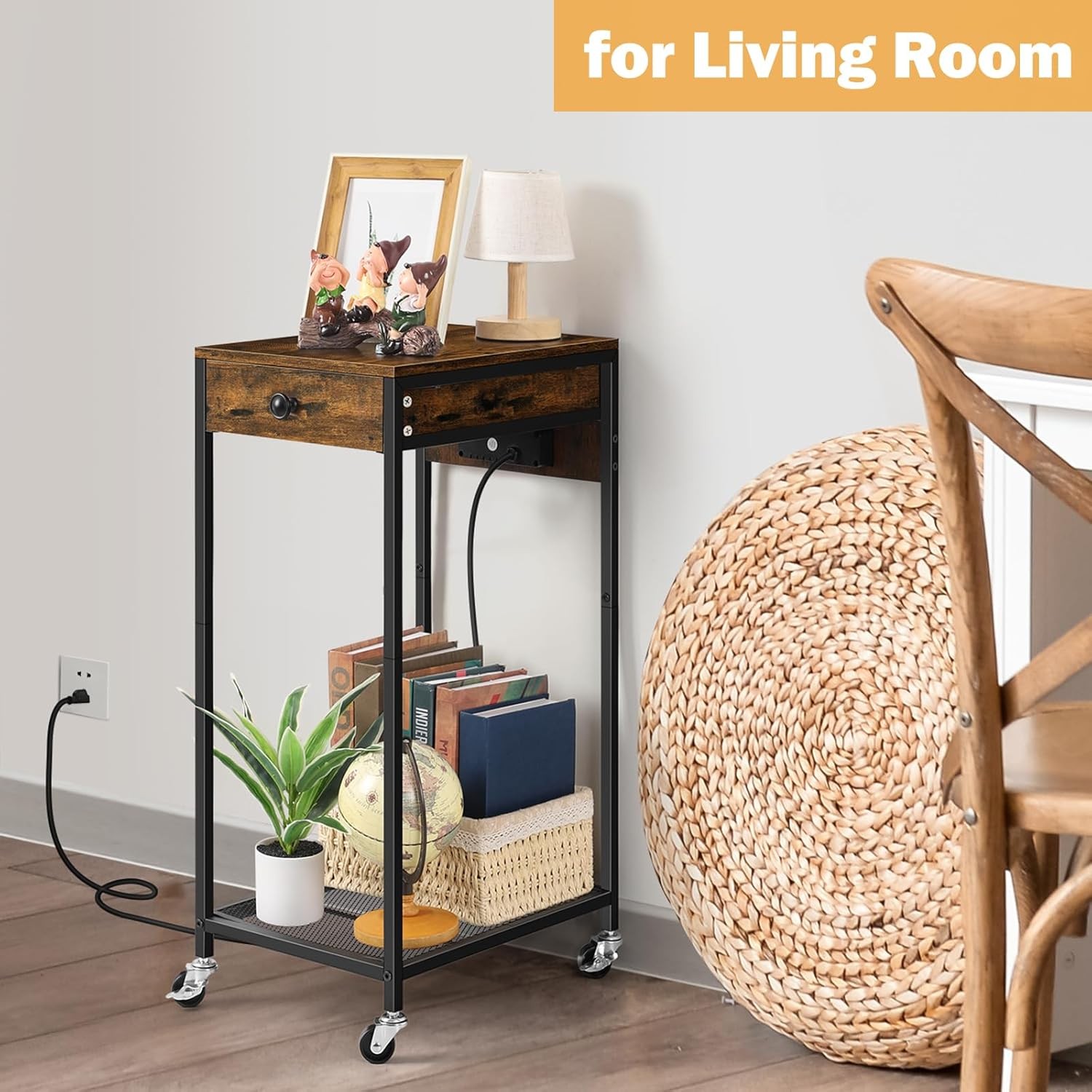 Printer Stand w/Storage Drawer Rolling Printer Table Desk w/Charging Station