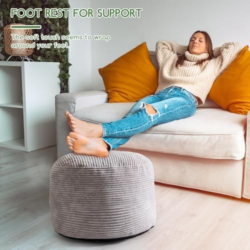 Round Stuffed Pouf Ottoman, Corduroy Poufs with Foam Chunk 20 inch Grey