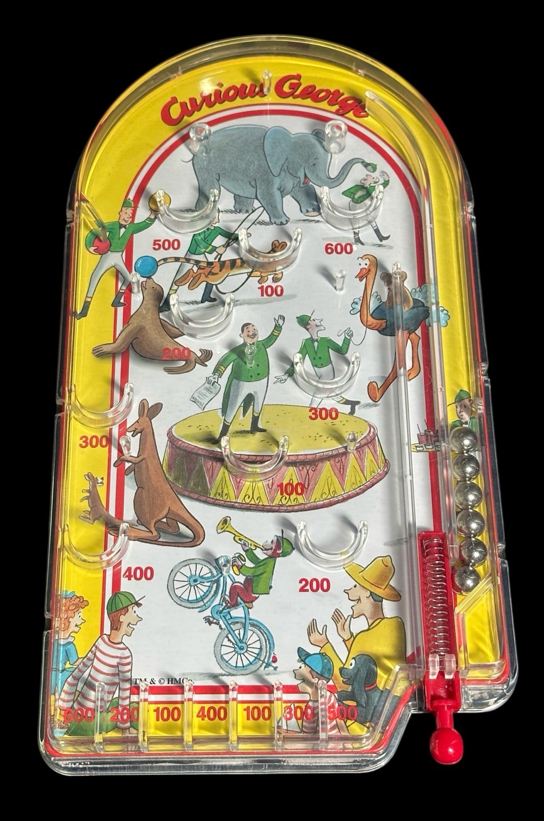 Curious George Pinball Game Toy Retro Circus Monkey Handheld Travel Game (10x5”)
