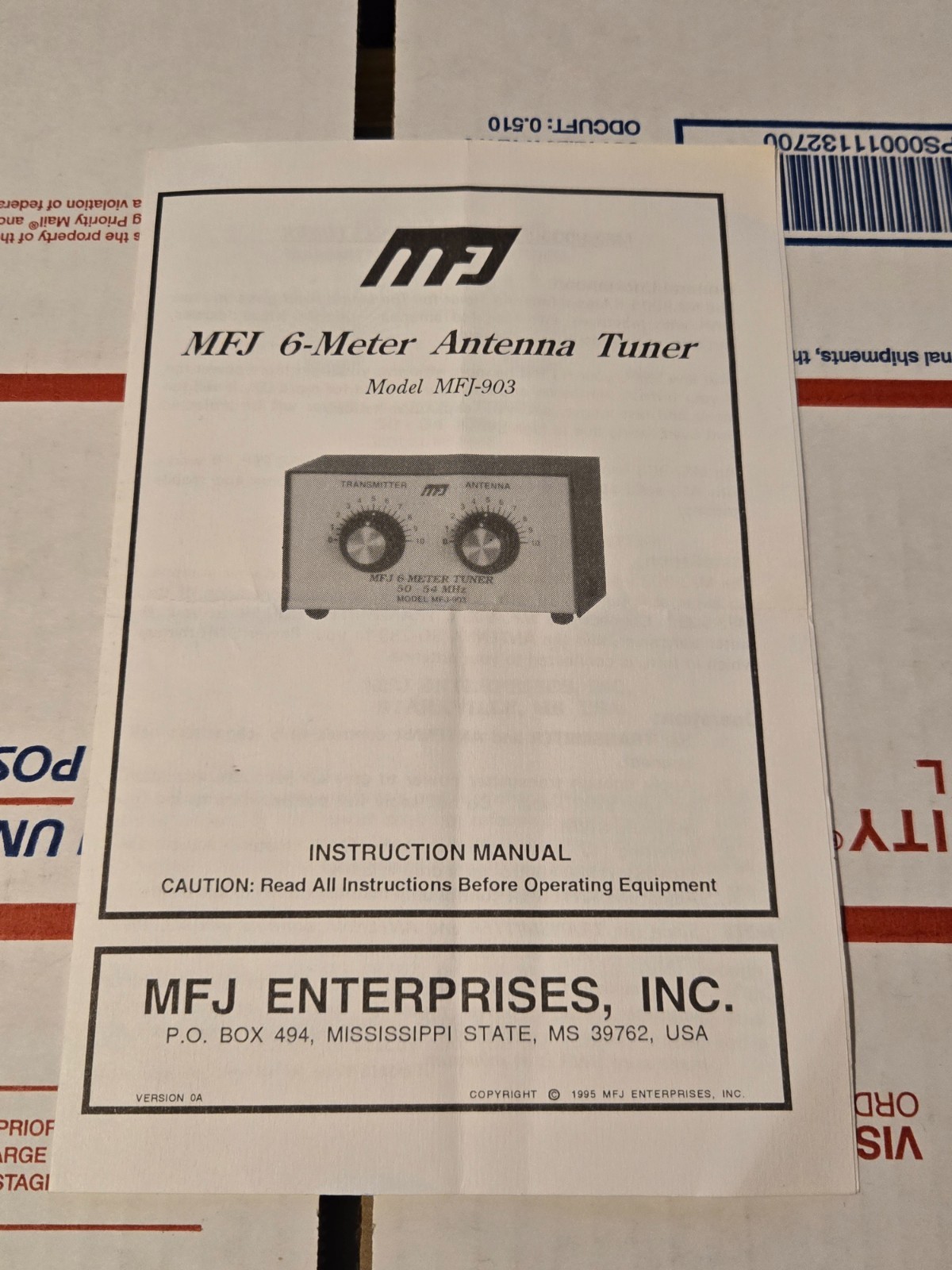 MFJ-903 6 Meter Antenna Tuner Instruction Manual Original
