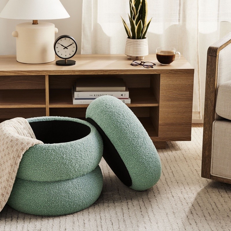 Boucle Cloud Storage Ottoman Round Seating Organizer Indoor Footrest Home Decor