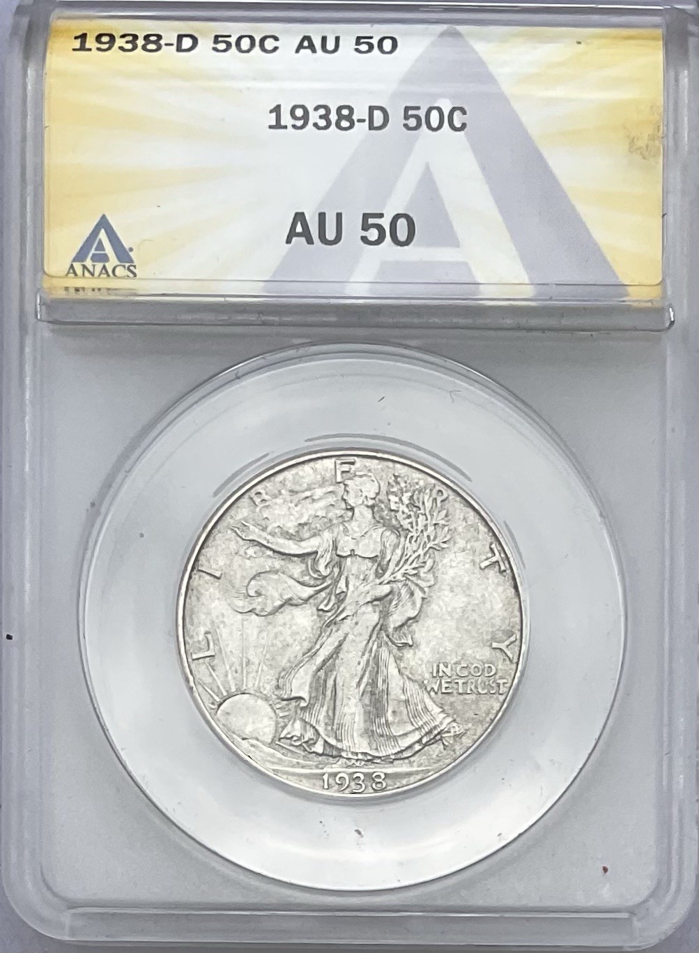 1938-D Walking Liberty Fifty Cent, ANACS AU50. Tough Date