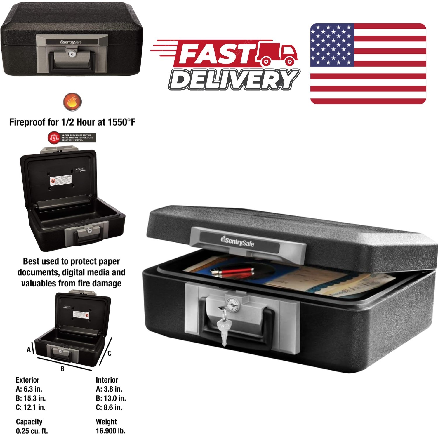 Fireproof Safe Box with Key Lock 0.25 Cubic Feet Steel Black Durable Design