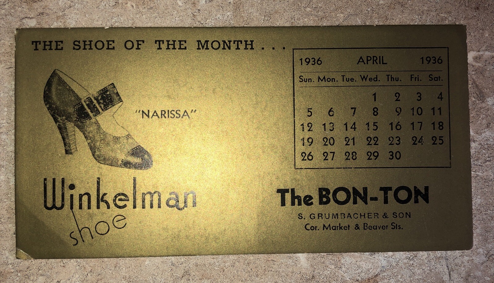 THE BON-TON Winkelman Shoe April 1936 Calendar York, PA Vintage Advertisement