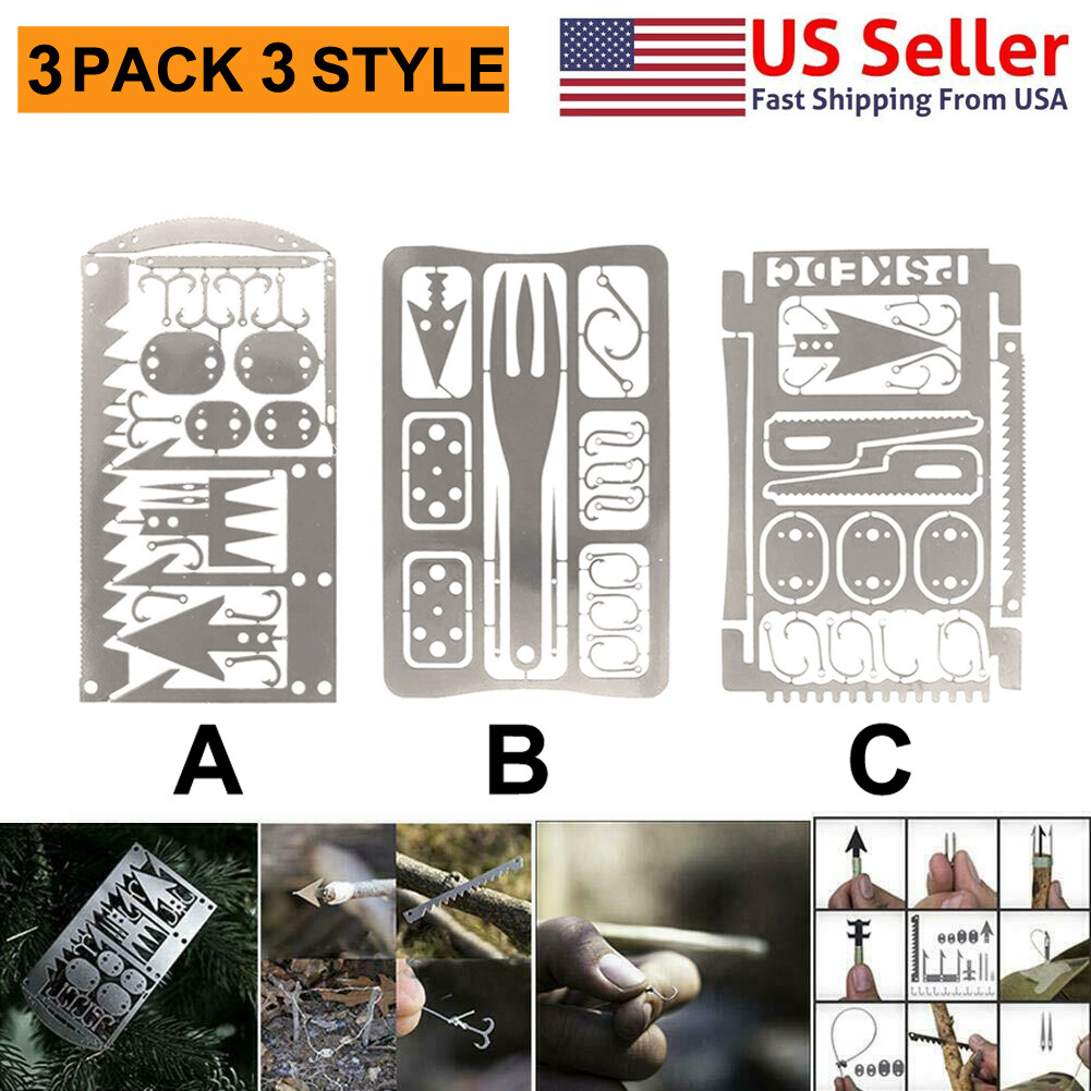 Survival Cards Multitool Camping Gear Backpacking Hiking Fishing Hunting 3 Pack