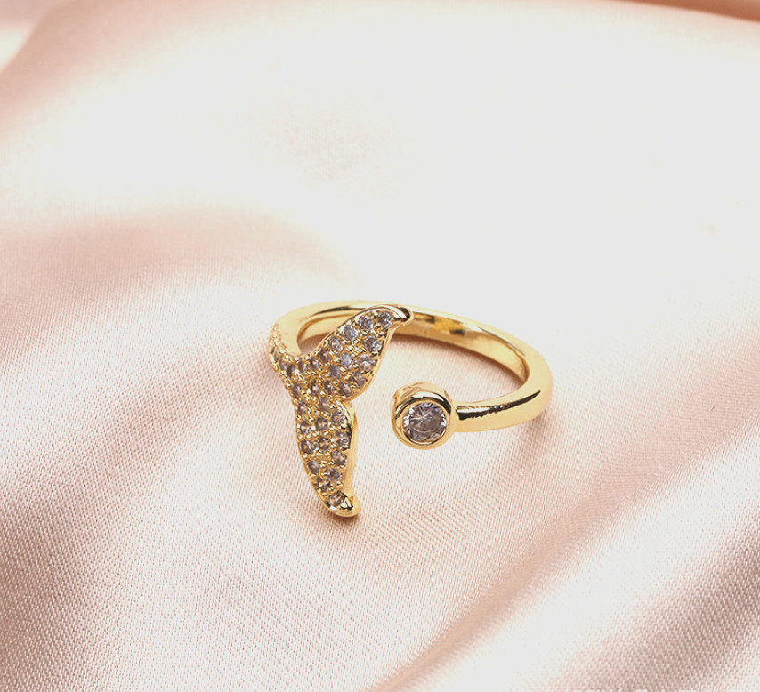 Gold Fish Mermaid Tail Pave Cubic Zirconia Adjustable Band Ring