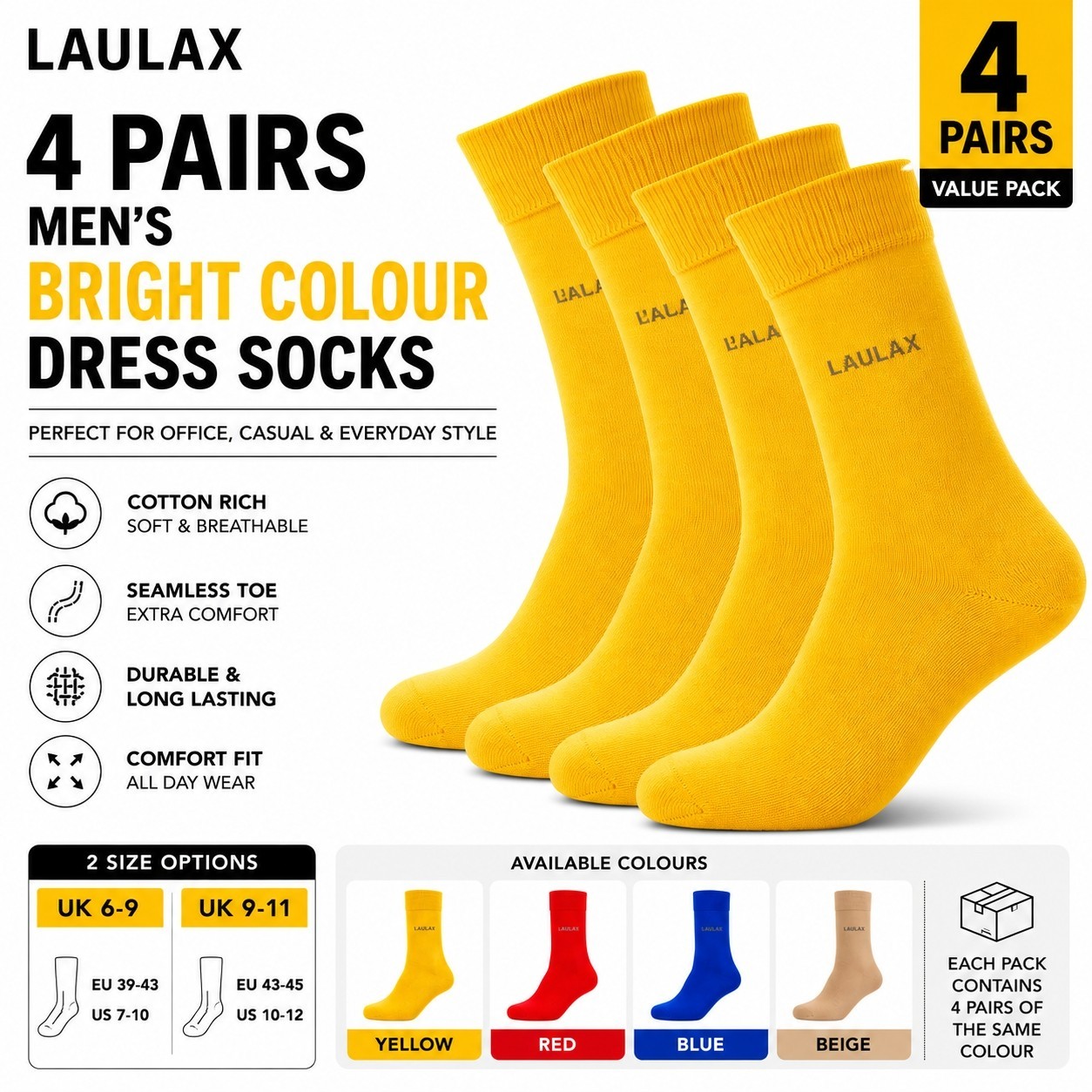 4 Pairs Mens Bright Colour Socks Cotton Rich Fashion Casual Dress socks UK 6-11