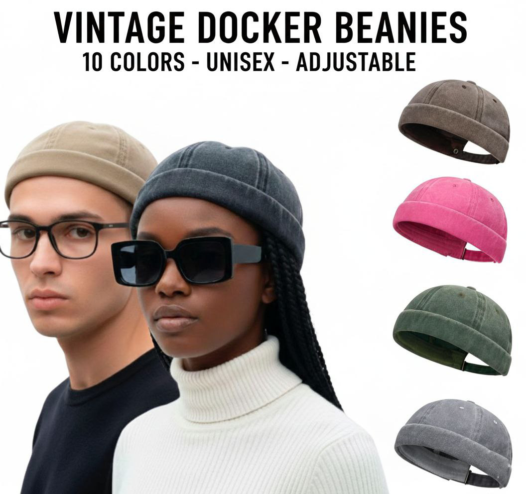 Vintage Docker Beanie Hat Unisex Rolled Cuff Fisherman Retro Skullcap 10-Colors