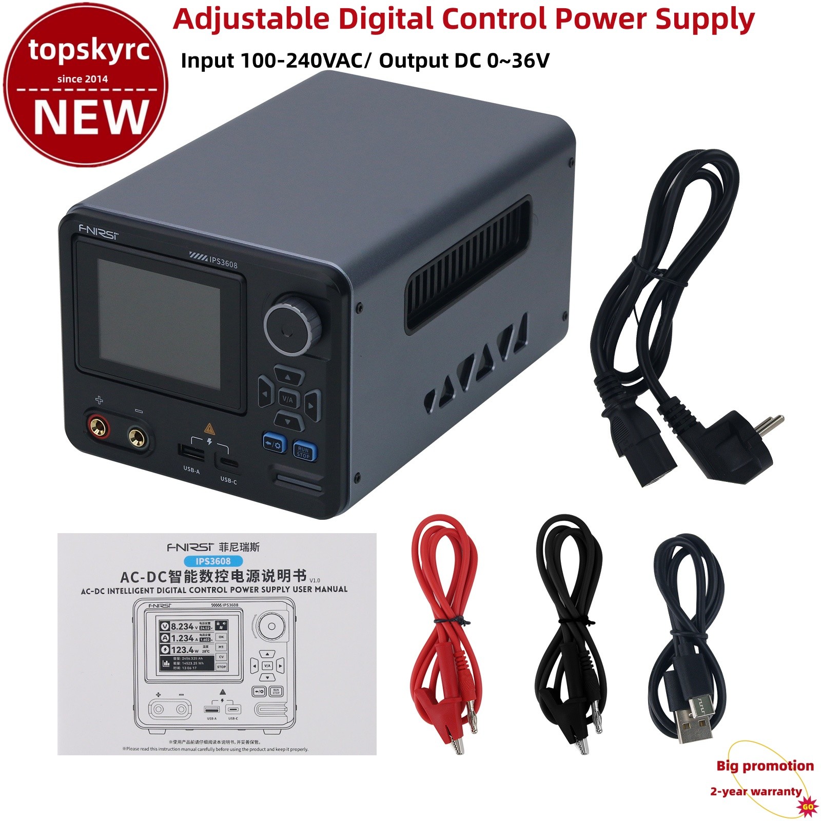 FNIRSI IPS3608 AC-DC Adjustable Digital Control Power Supply Support PC 2.8"