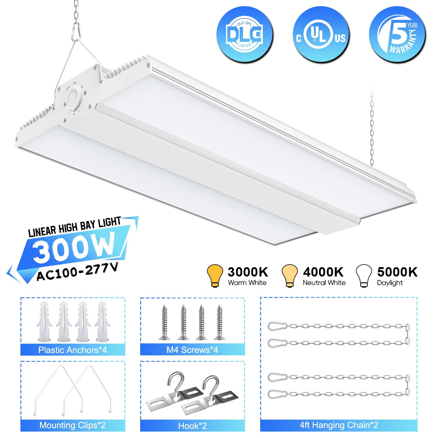 300W LED Linear High Bay Light, Warehouse Shop Lights Adjustable 3000K~5000K