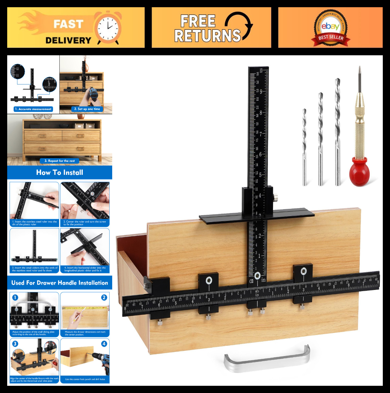 Aluminum Cabinet Hardware Jig & Drill Guide for Handles, Knobs & Pulls Installat