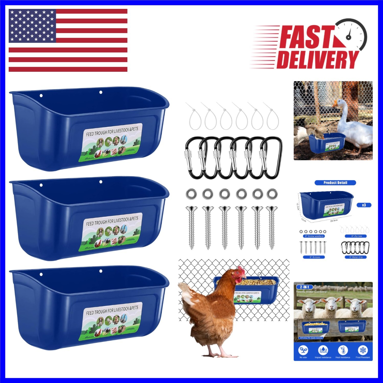 3 Pack Chicken Feeder Waterer - Durable Hanging Trough for Ducks & Livestock