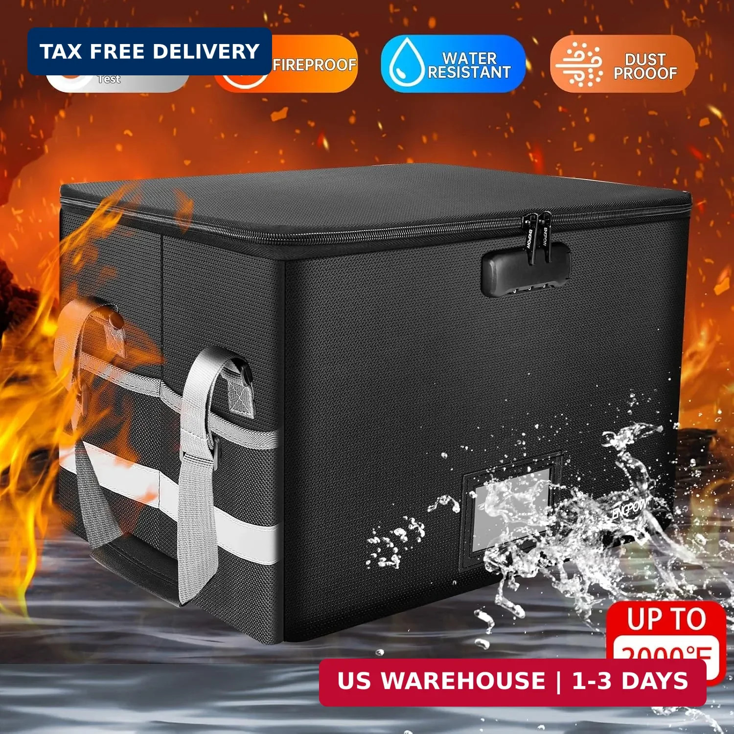 File Box with Lock,Fireproof Document Box with Zipper&Pockets,Collapsible