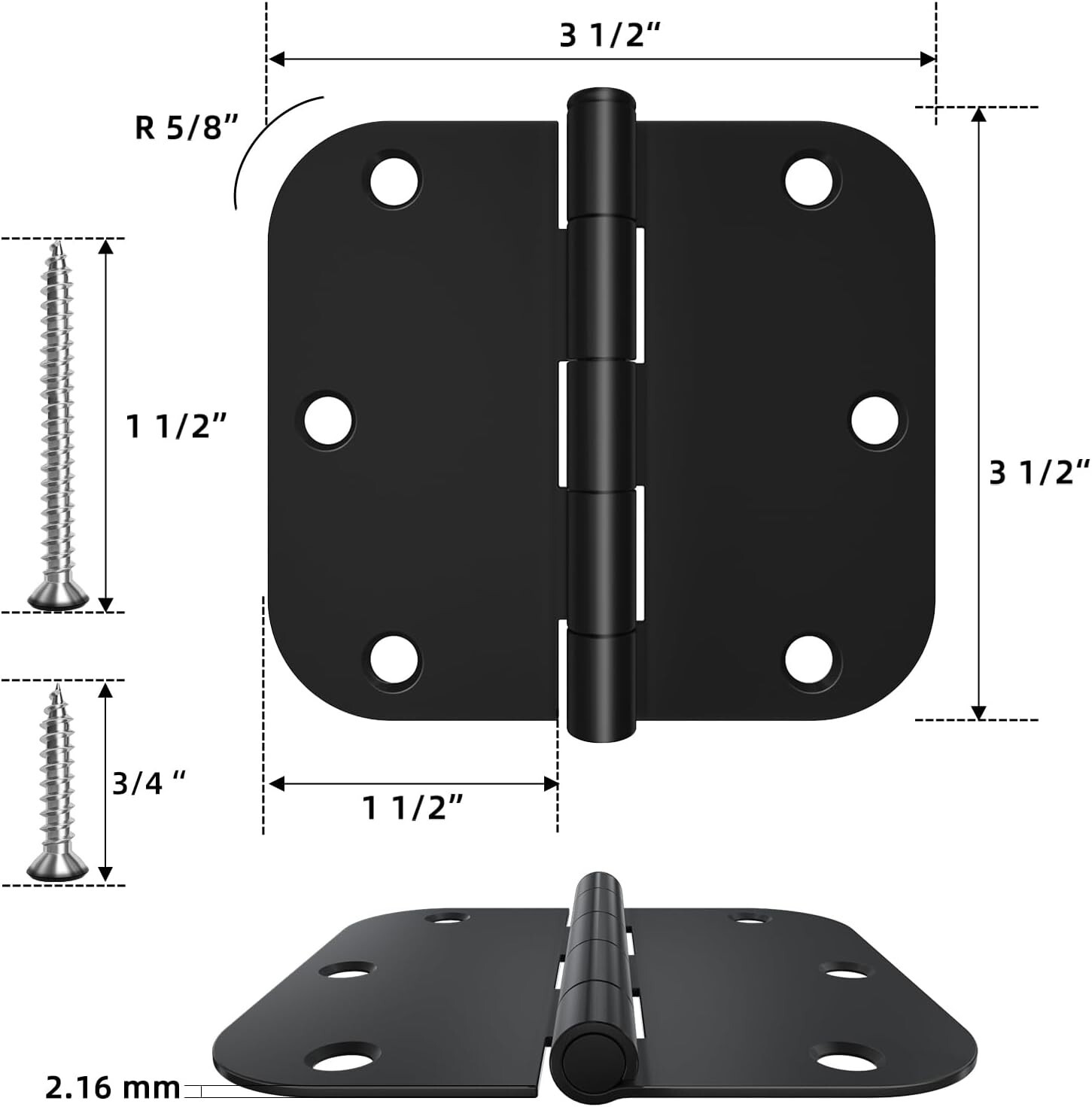(30) Door Hinge 3.5" x 3.5" Rounded 5/8" Radius Interior Door Hinge, Matte Black