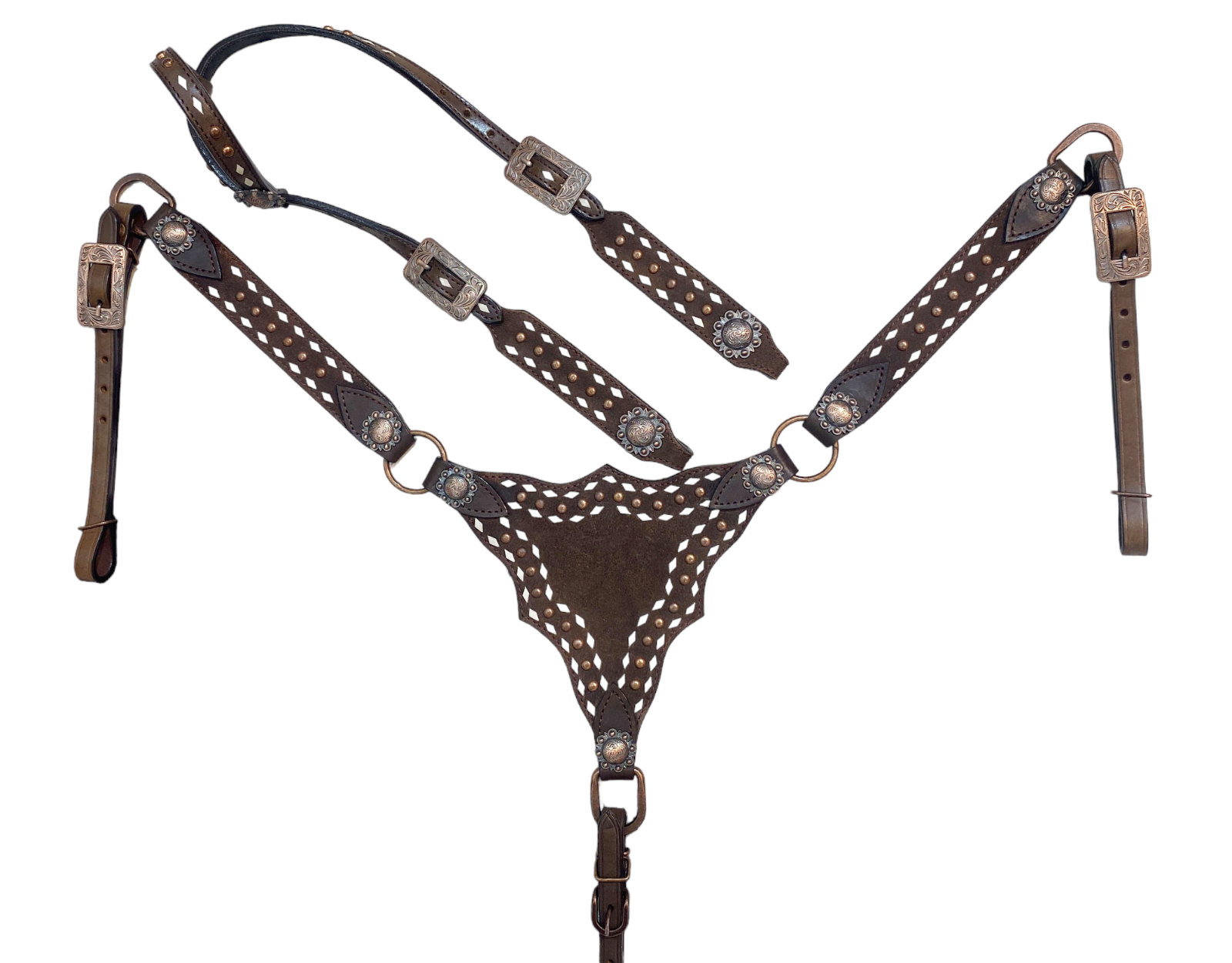 Genuine Western Headstall and Breast Collar Set with Copper Studs Décor MOUSM