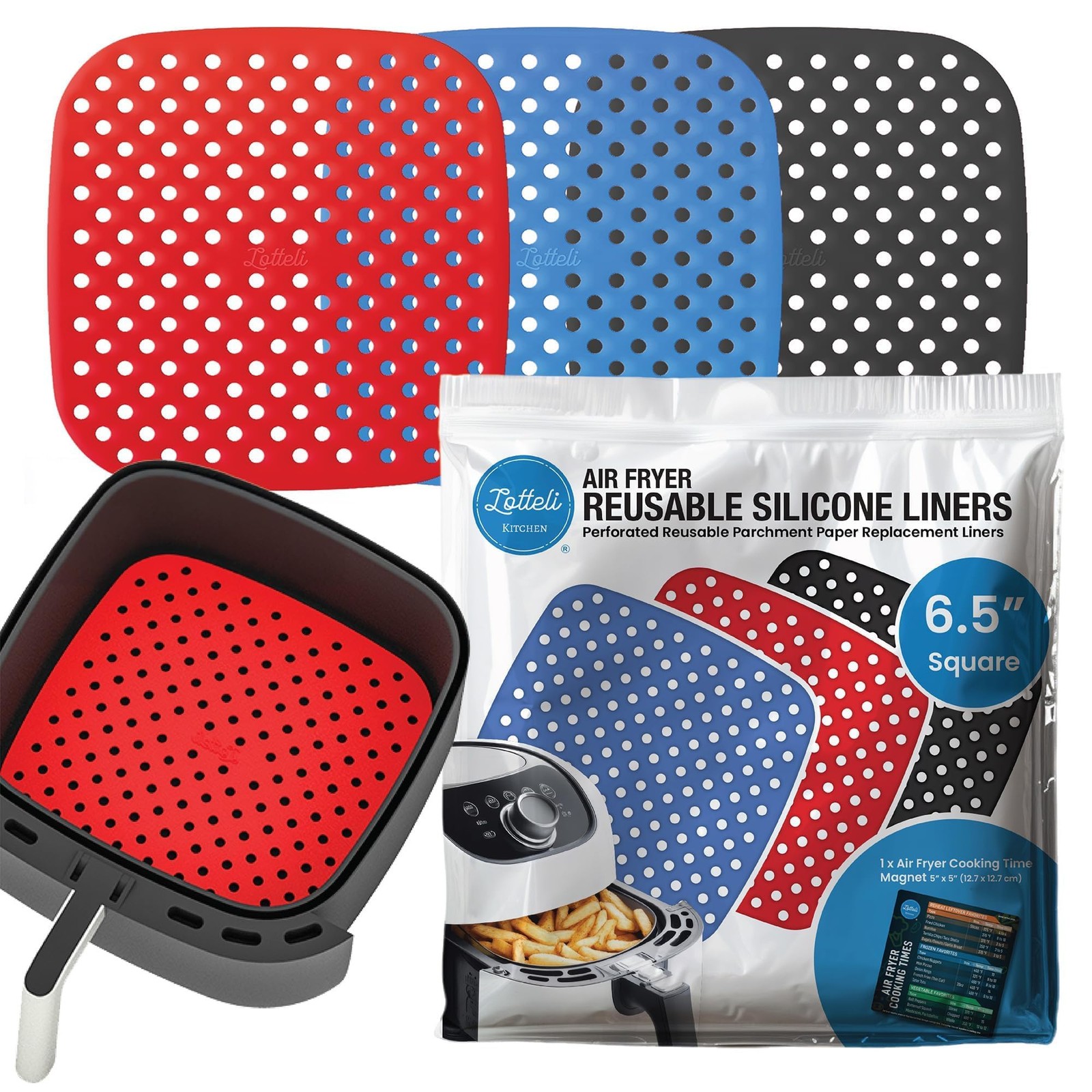 Reusable Air Fryer Liners 3 Pack for 2QT - Square 6.5", Blue" or "Red" "Black