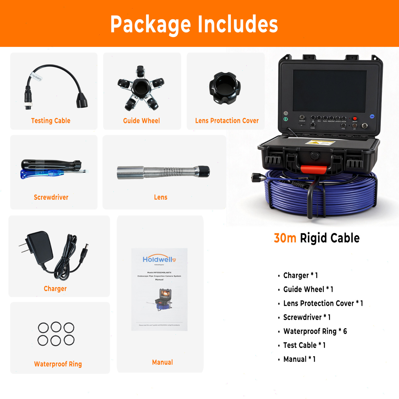 100ft Sewer Pipe Inspection Camera 512hz Self-leveling Pipe Camera 9" Display