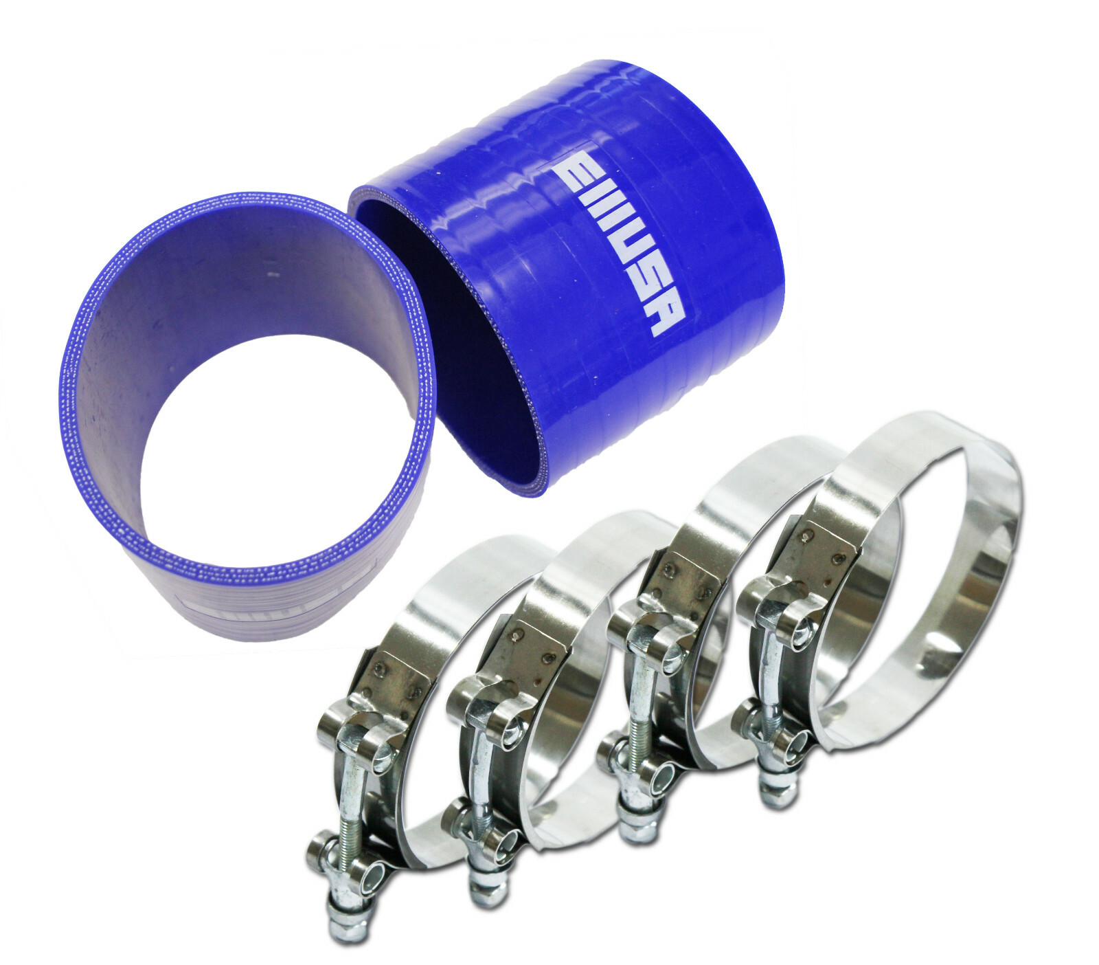Universal BLUE 4PLY 2x Straight 3.5"-3.5"ID Silicone+ 4xStainles Steel T-clamp