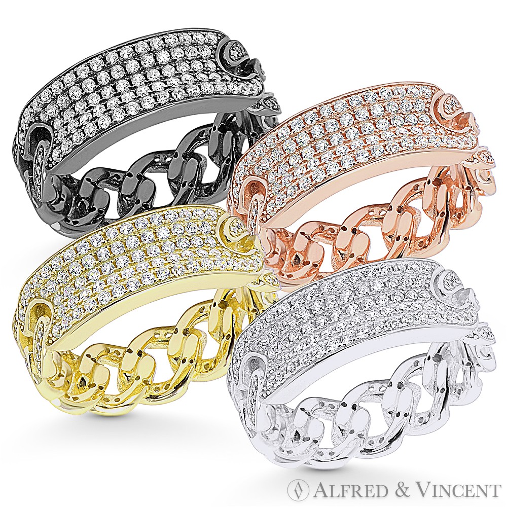CZ Crystal Micro-Pave Bar & Cuban / Curb Link Chain Ring in .925 Sterling Silver