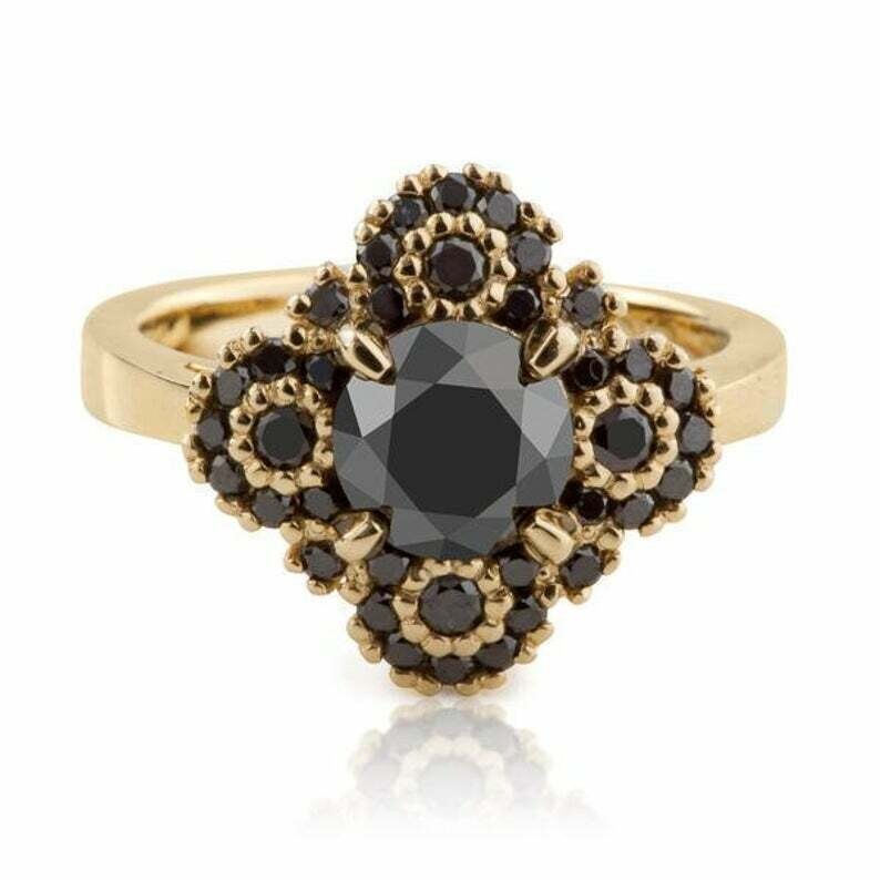 3Ct Round Cut Black Diamond Wedding Lab Created Ring 14k Yellow Gold Finish