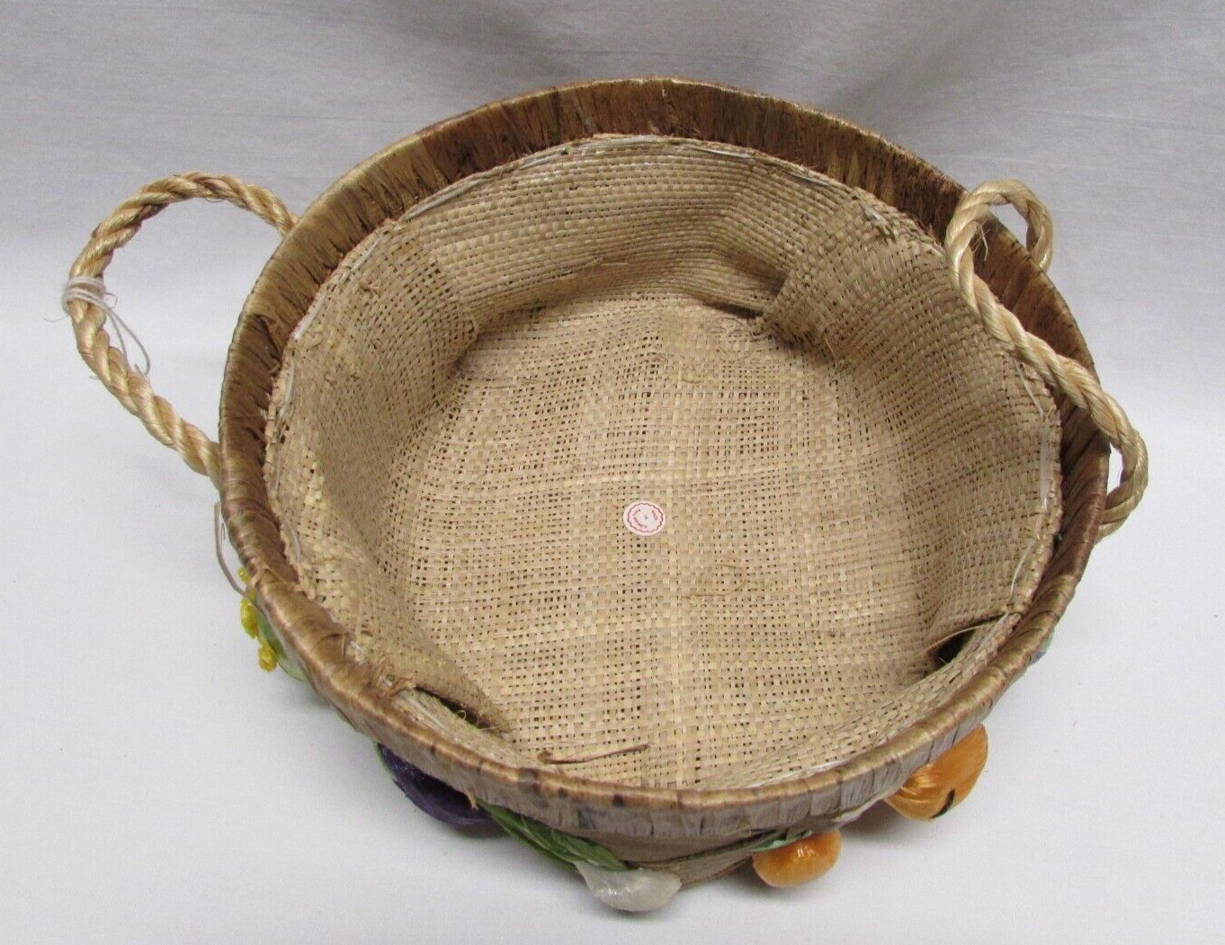 Vintage Handmade Raffia 8in Fruit Basket Burlap Lined Made in Philippines