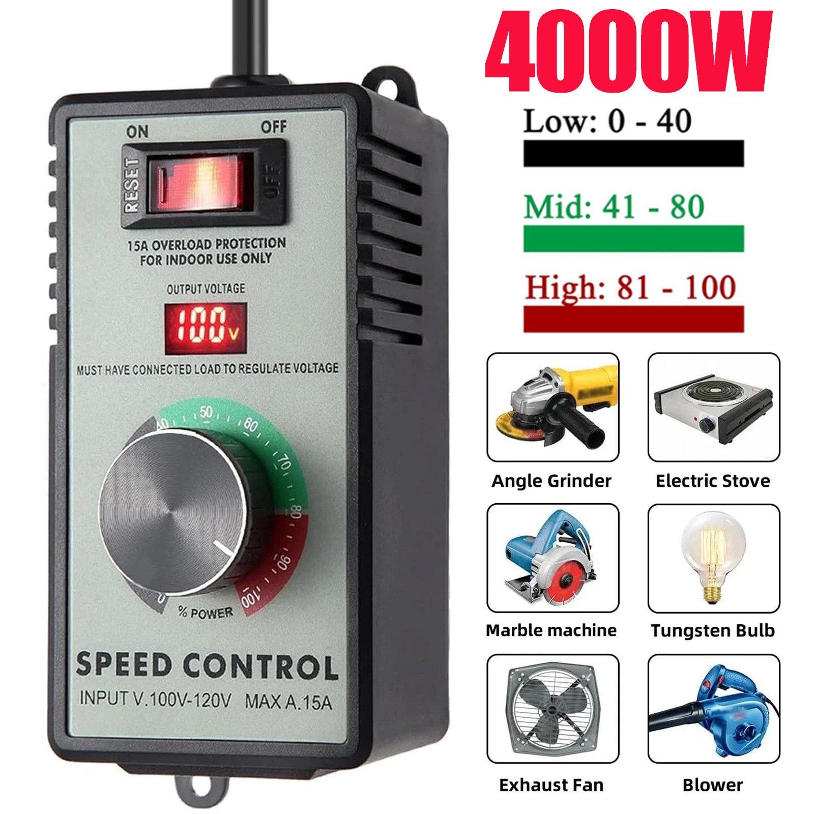 4000W AC Motor Speed Controller 110-120V 15A Voltage Regulator Variable Switch