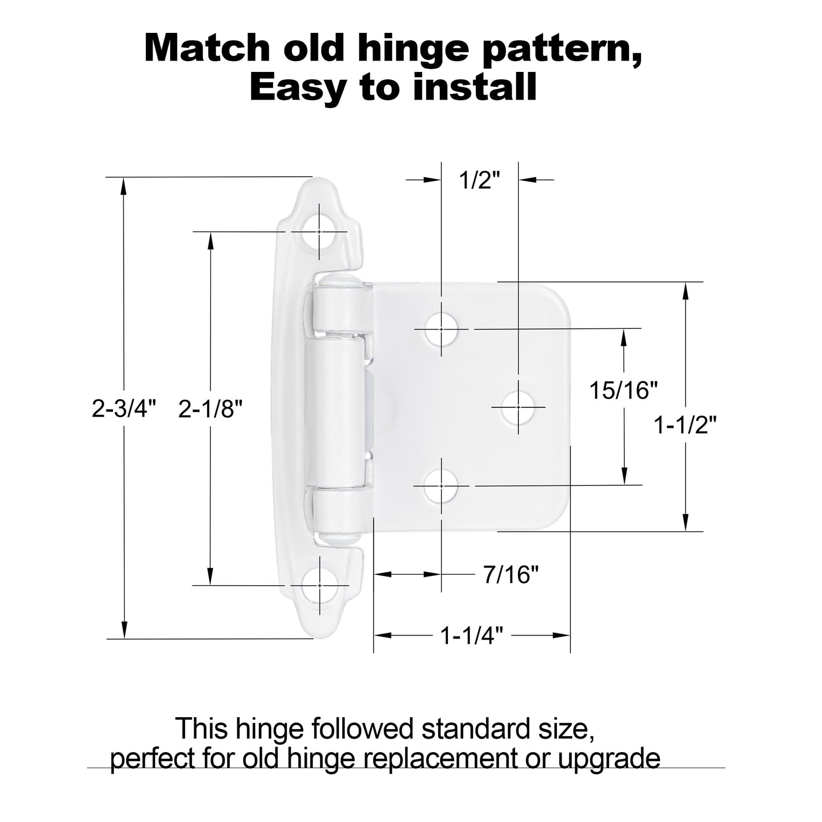 4 Pack 2 Pairs White Self-Closing Cabinet Hinges 1/2" Overlay Hardware