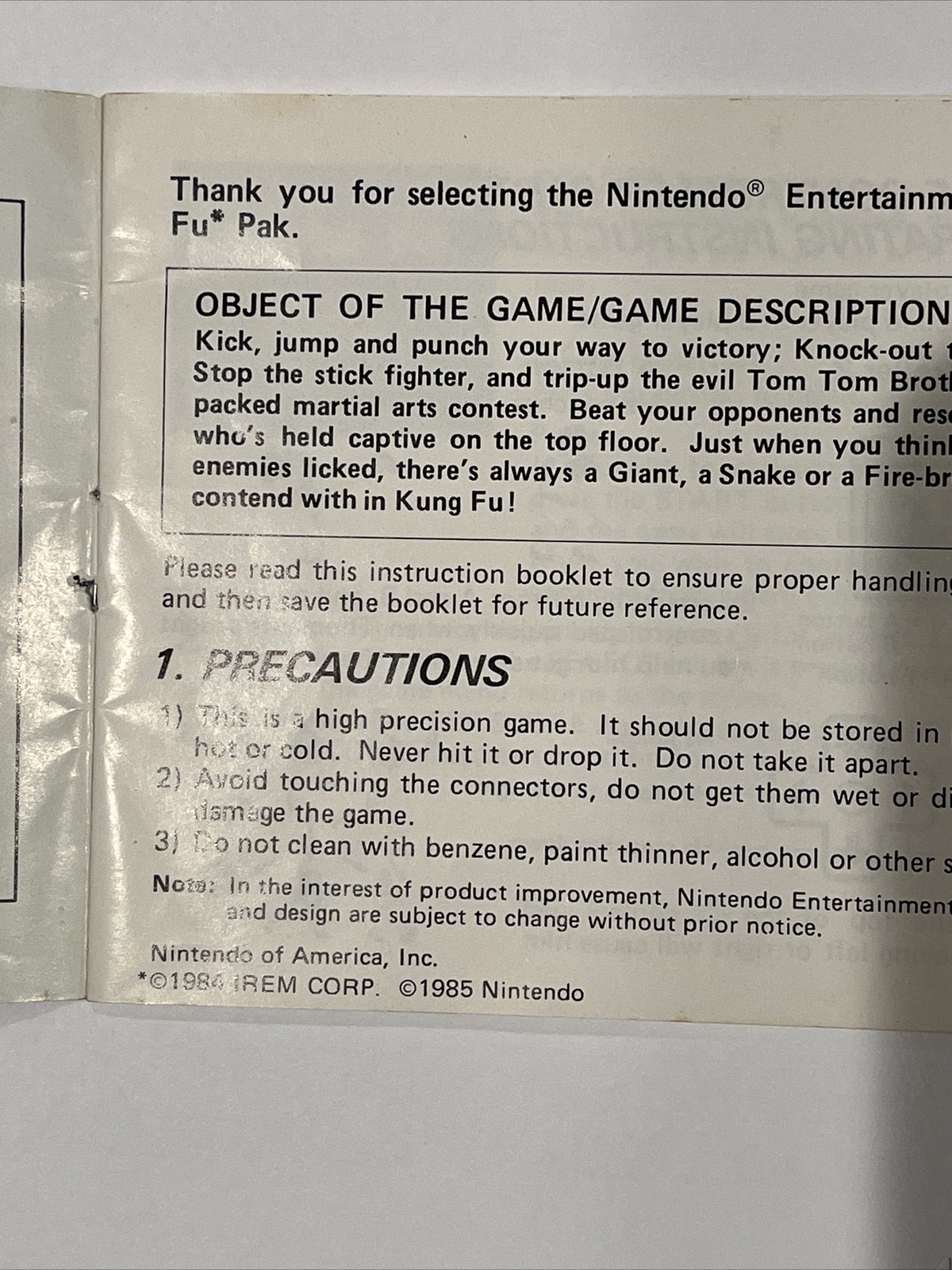 Nintendo Kung Fu Instruction Booklet, dated 1984