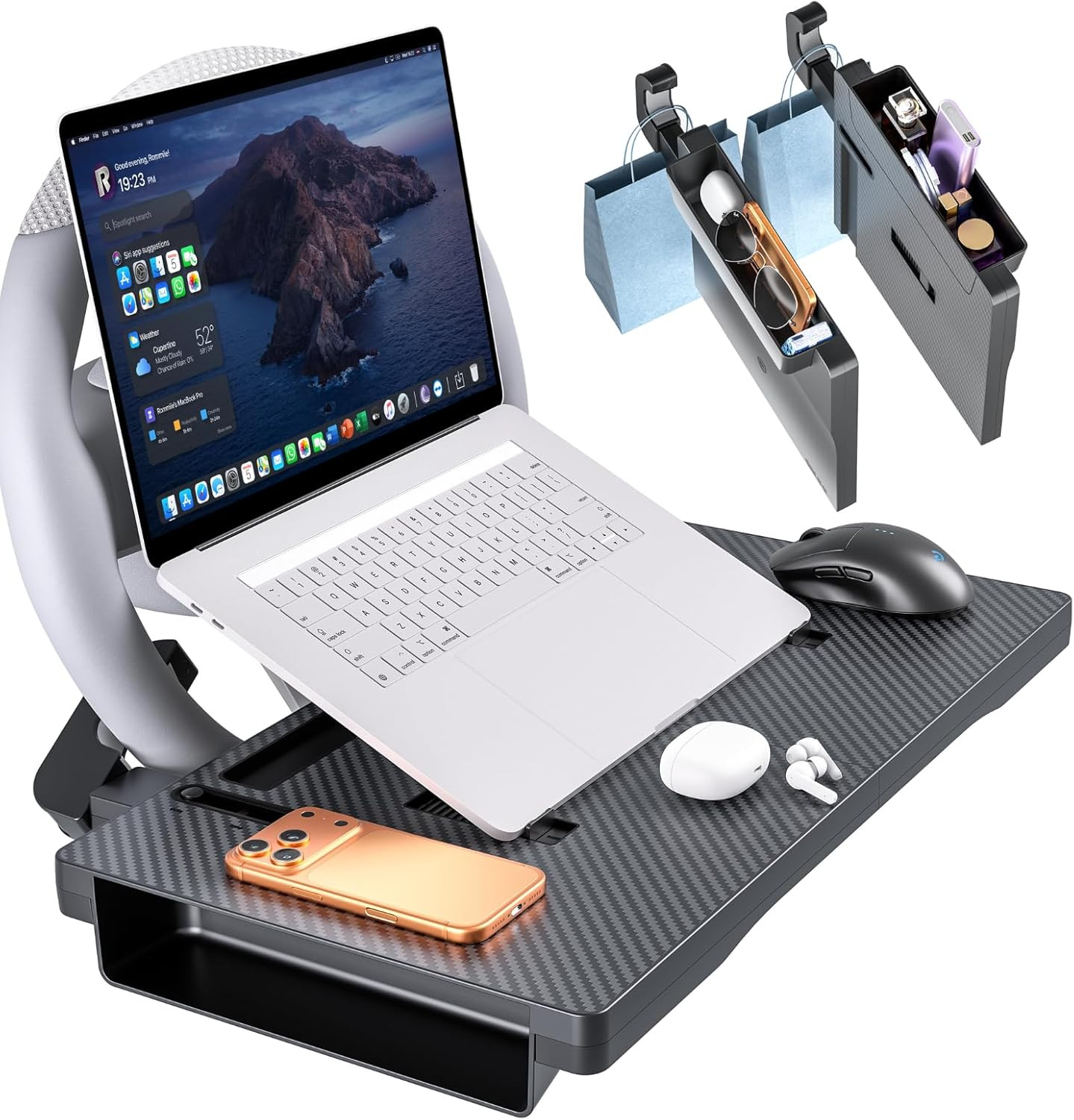 2-In-1 Car Steering Wheel Desk & Seat Gap Organizer Filler Tray | Foldable Adjus